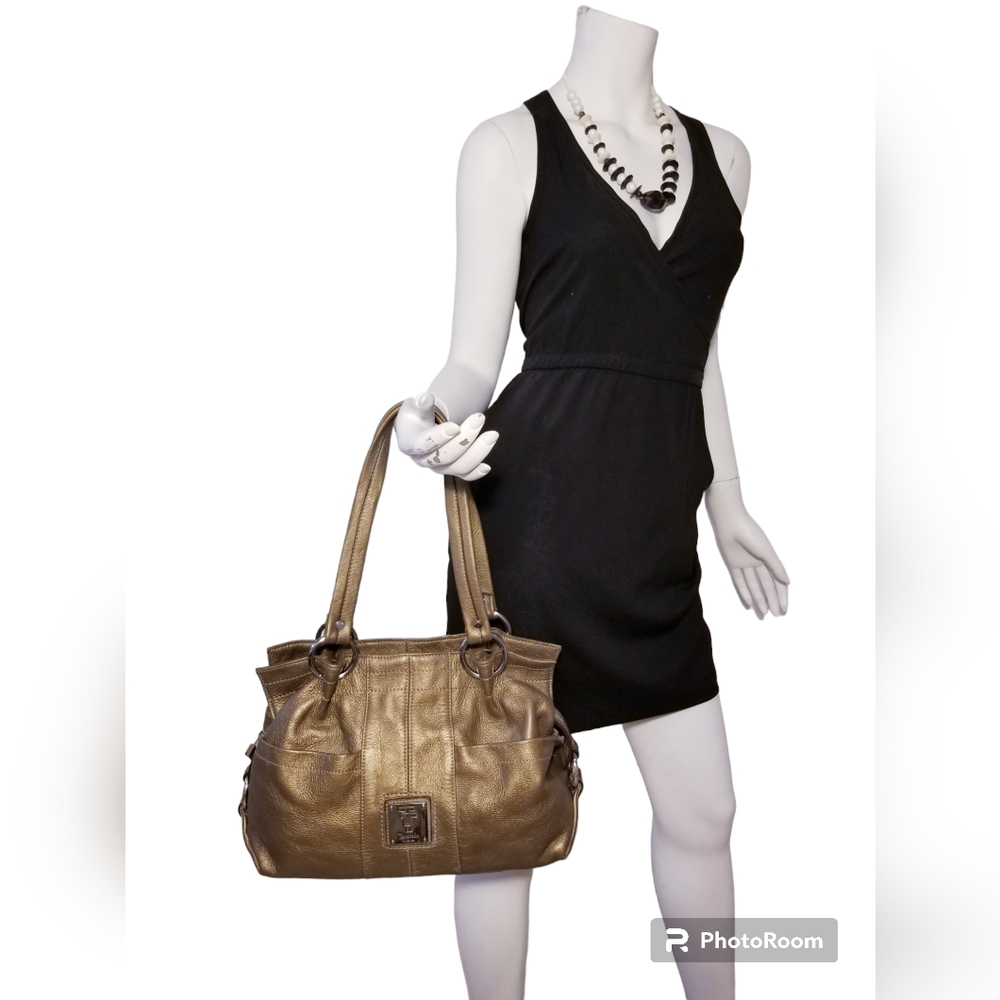 Tignanello metallic gold hand shoulder purse bag leather with charm